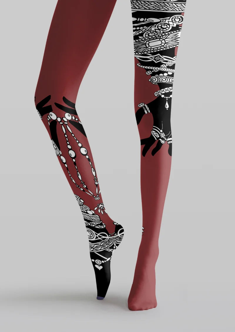 Burgundy Jeweled Silhouette Tights