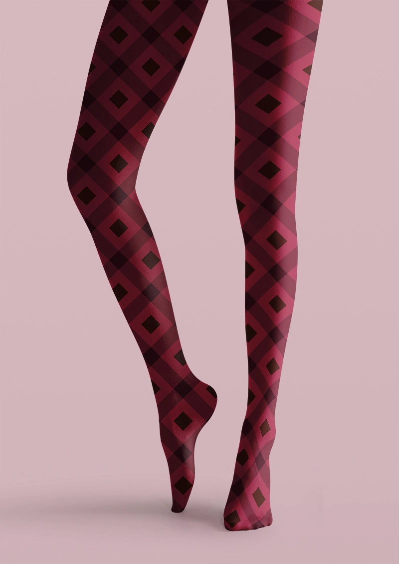 Burgundy Argyle Checkered Pattern Tights Hosiery Pantyhose