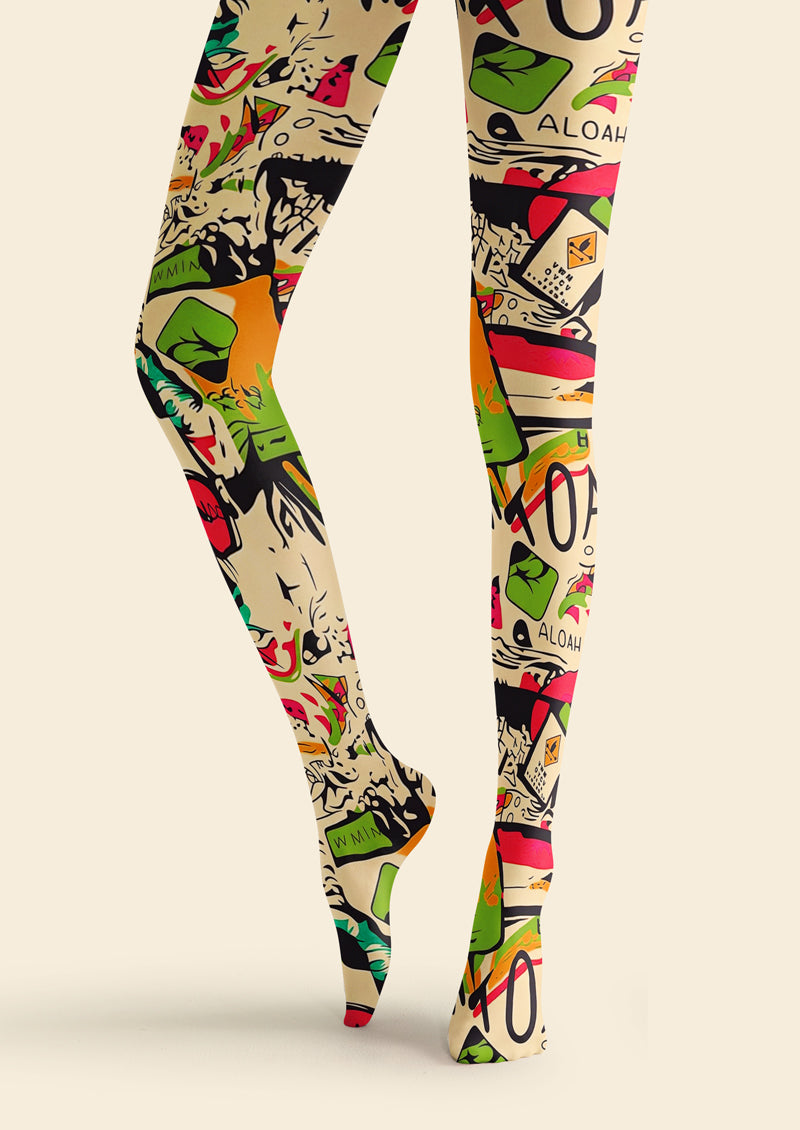 Hawaiian Doodle Print Tights Hosiery Pantyhose