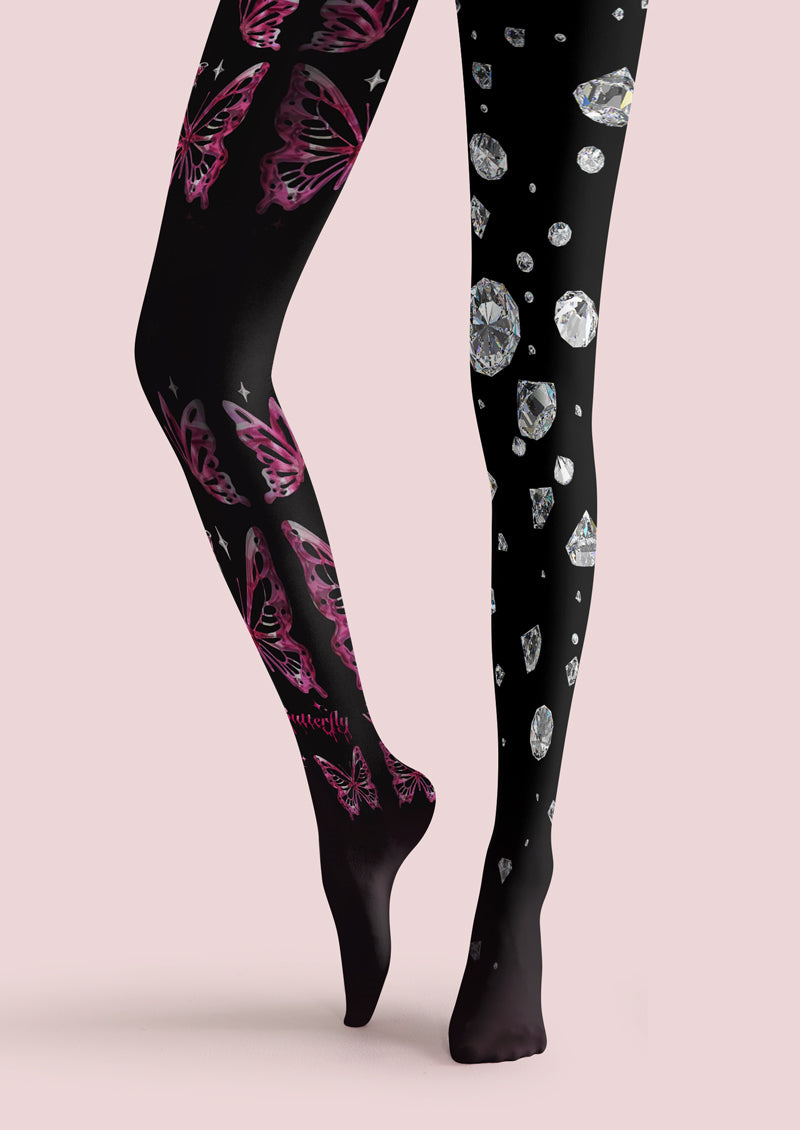 Black Butterfly & Diamond Asymmetric Print Tights Hosiery Pantyhose