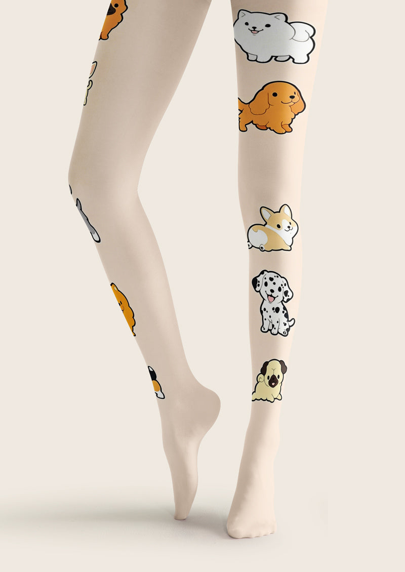 Beige Cartoon Puppy Print Tights Hosiery Pantyhose
