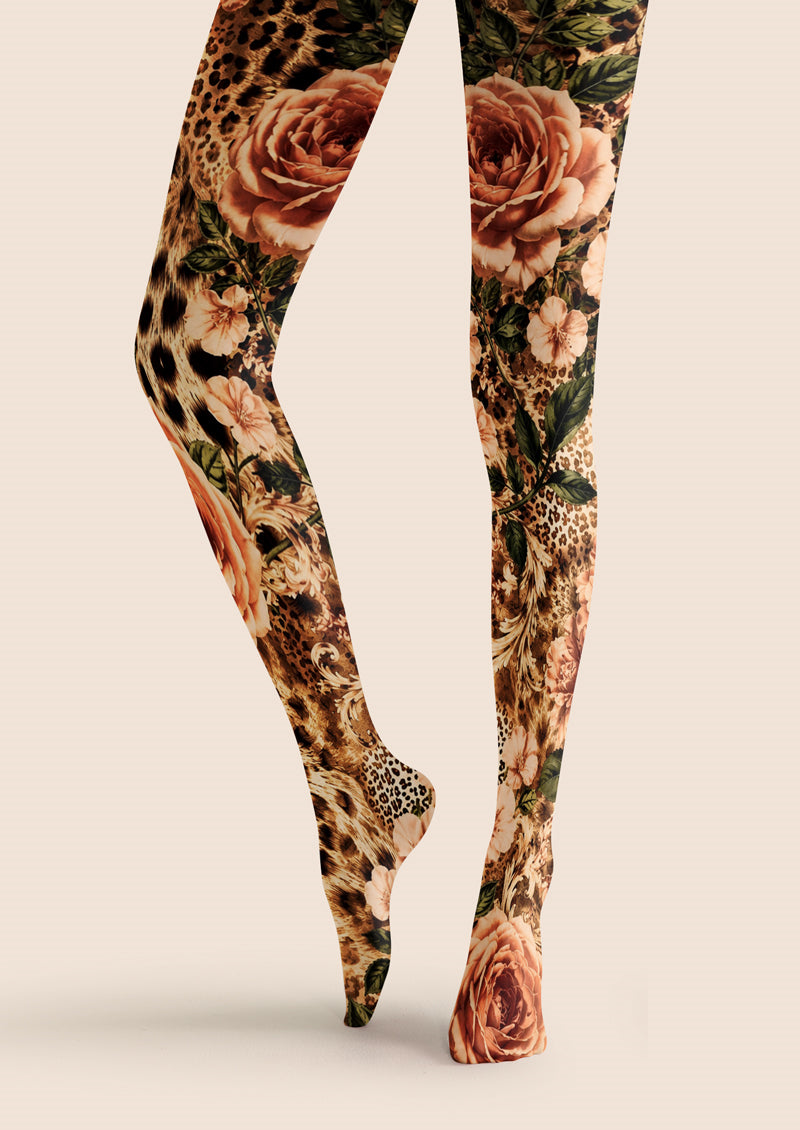 Brown Leopard Rose Floral Tights Hosiery Pantyhose