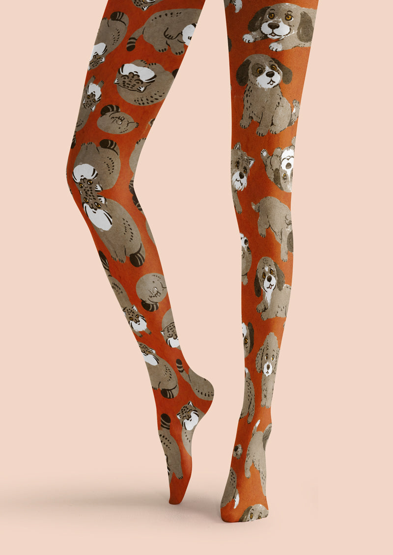 Orange Hand‑Drawn Puppy Print Tights Hosiery Pantyhose