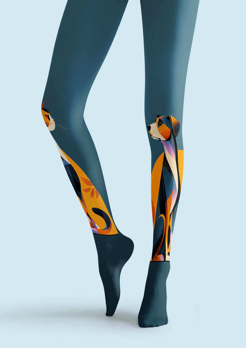 Blue Geometric Cat & Dog Art Tights Hosiery Pantyhose