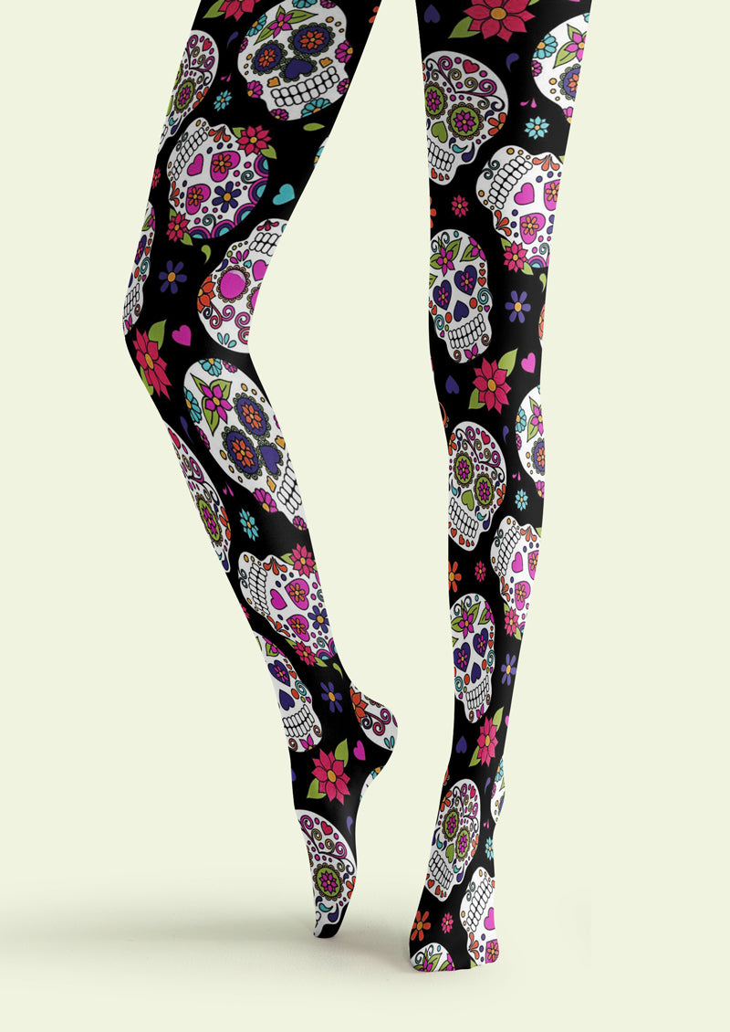 Black Sugar Skull Floral Tights Hosiery Pantyhose