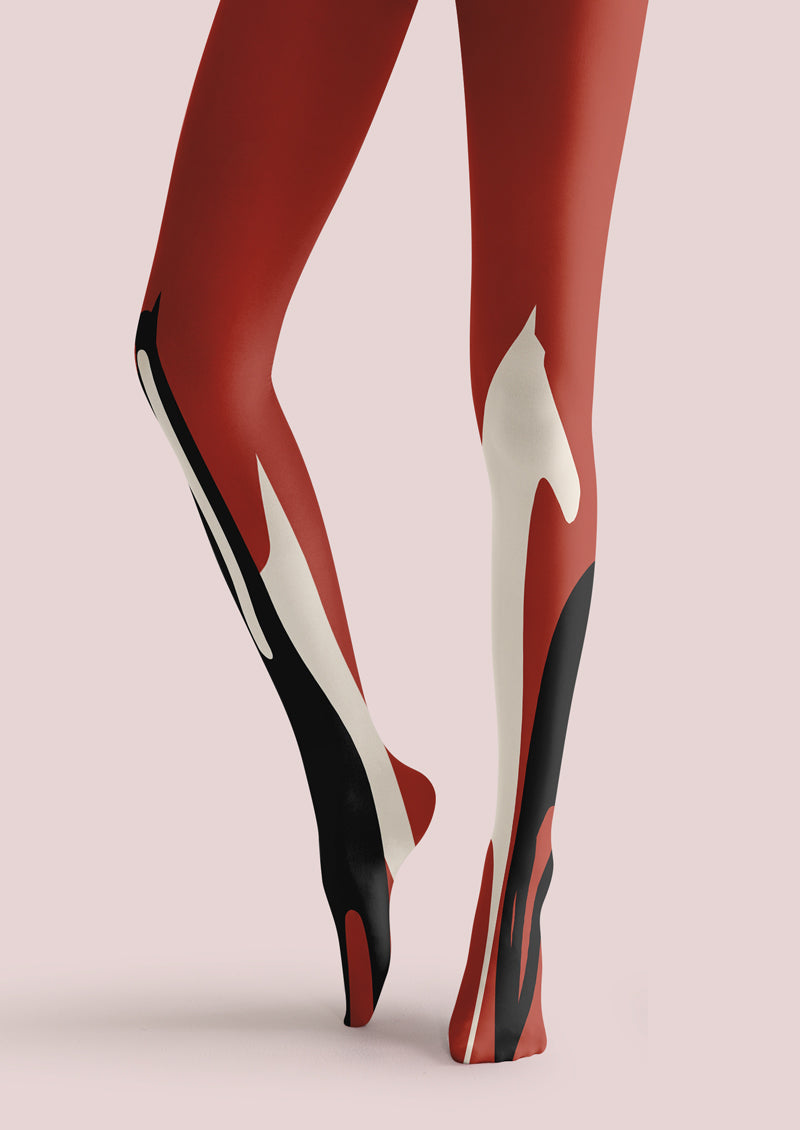 Red Black Abstract Cat Tights Hosiery Pantyhose