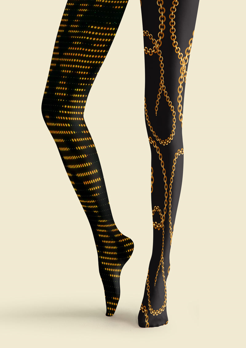Black Gold Chain & Dot Asymmetric Print Tights Hosiery Pantyhose
