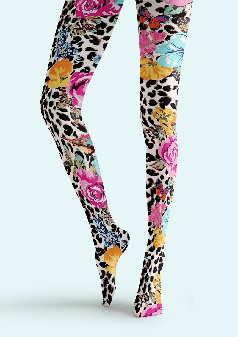 White Leopard Floral Print Tights Hosiery Pantyhose