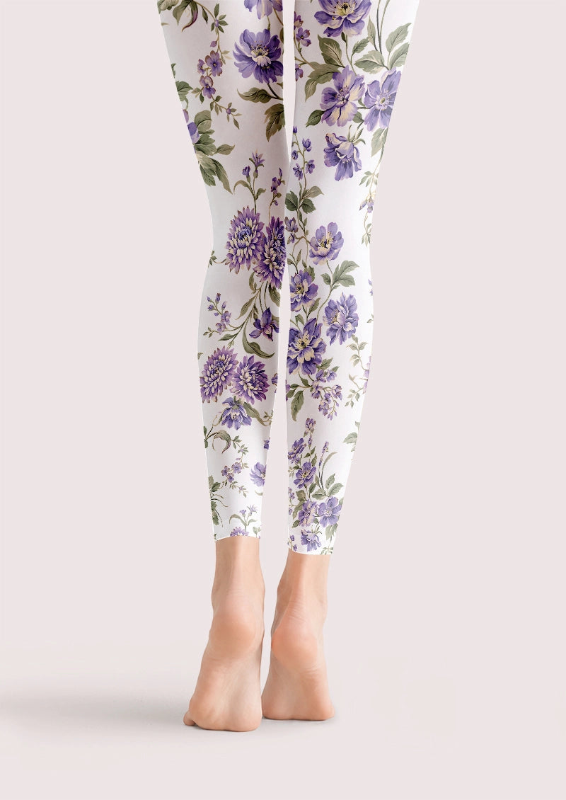 Vintage Purple Botanical Floral Print Footless Tights Hosiery Leggings