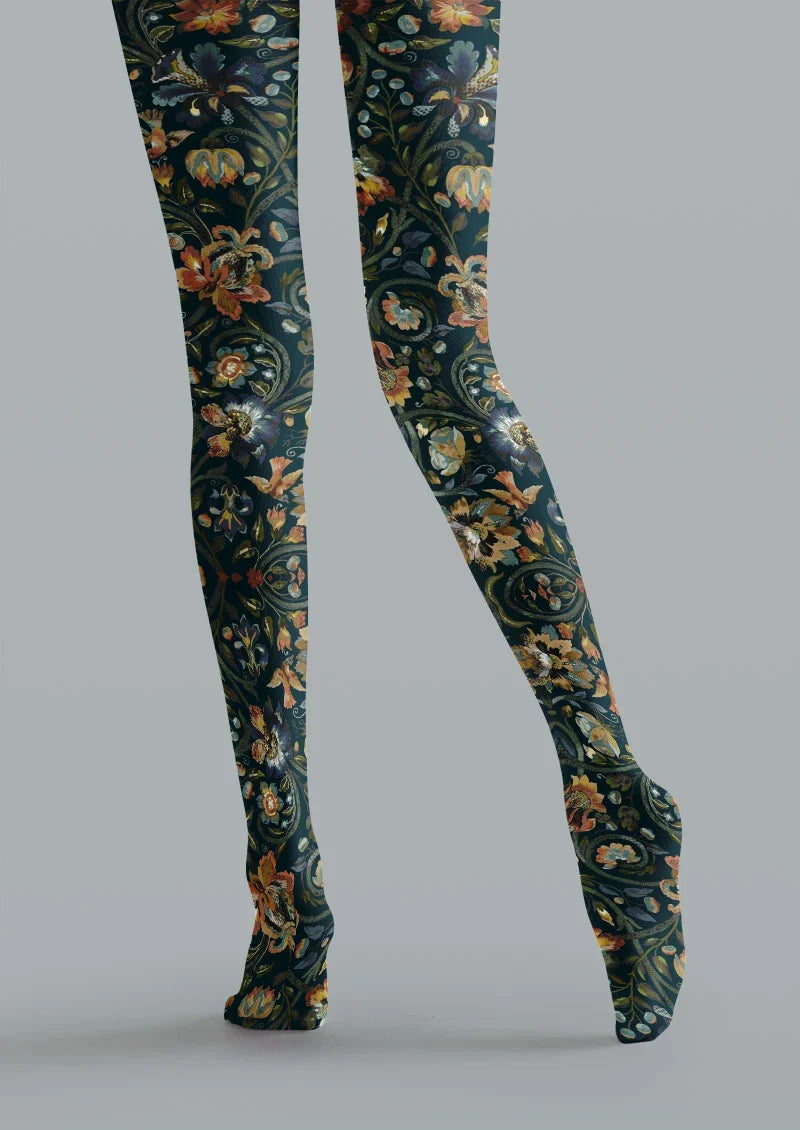 Boho Ethnic Floral Blue Tights Hosiery Pantyhose