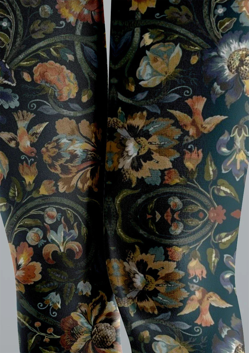 Boho Ethnic Floral Blue Tights Hosiery Pantyhose