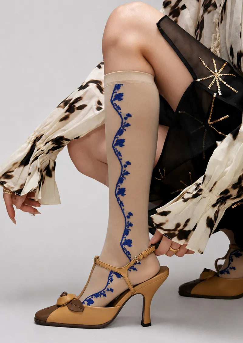 Sheer Patterned Vine Knee-High Socks