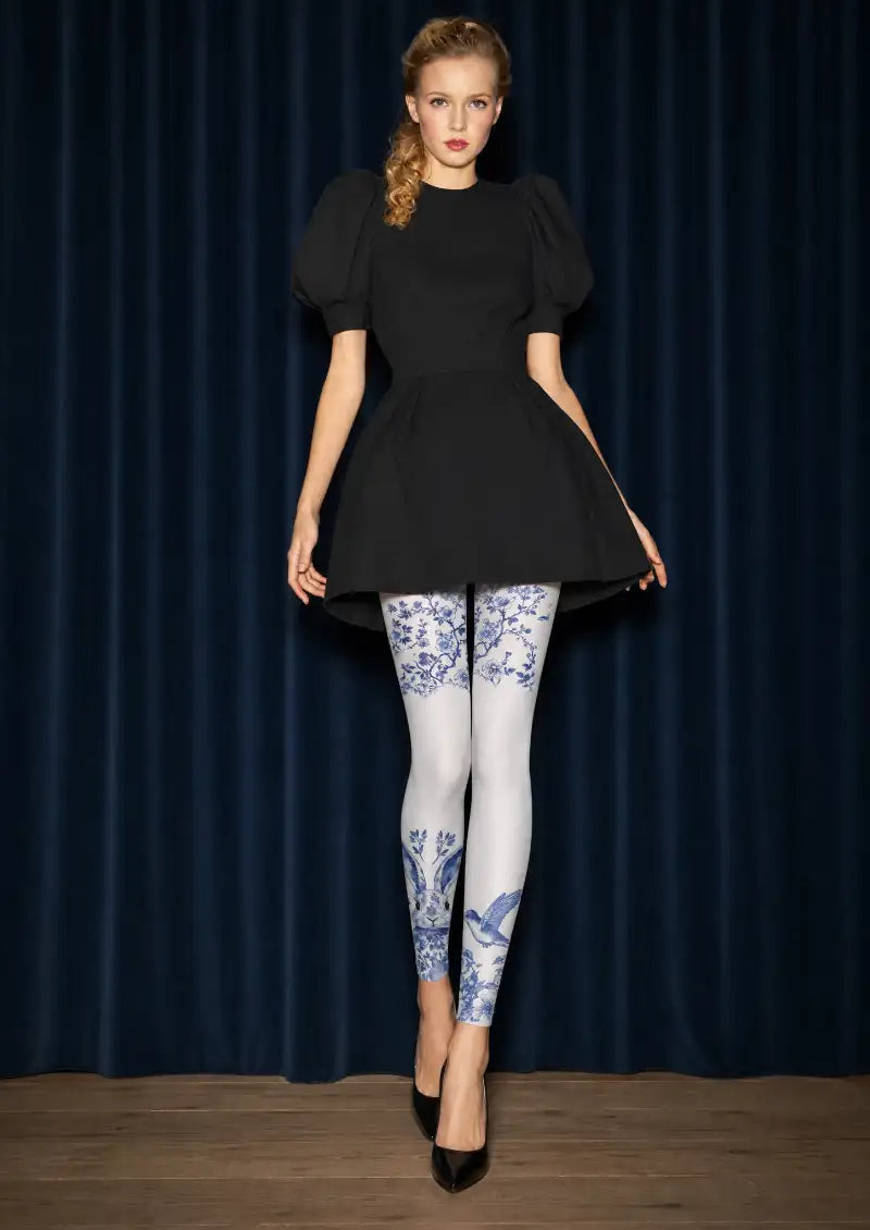 Blue Porcelain Floral Rabbit Pattern Footless Tights Hosiery Leggings