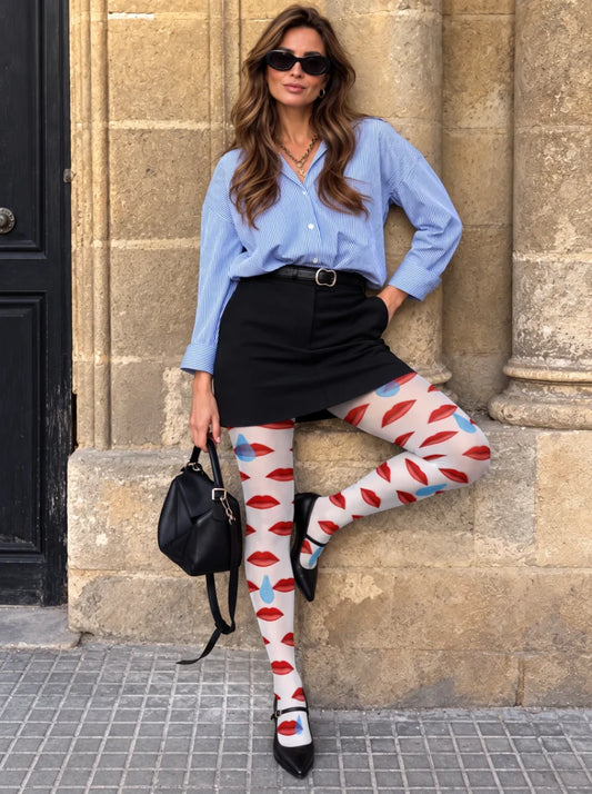 White Red Lip Print Tights