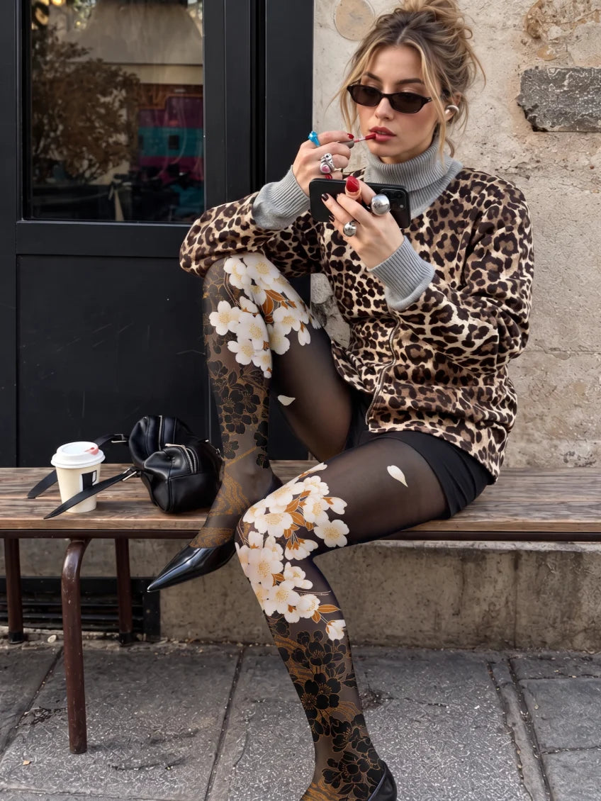Black White Blossom Tights