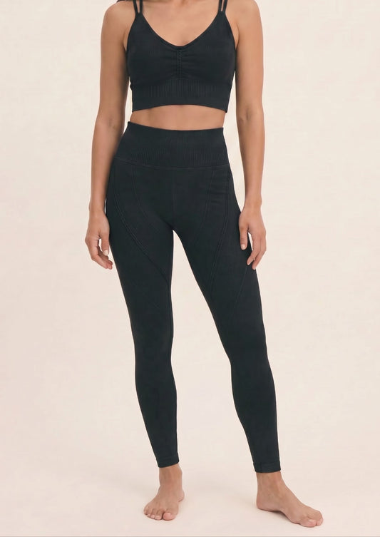 Onyx Black Mineral Wash Seamless Leggings & Bra Set