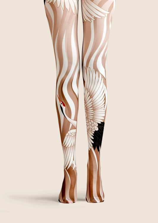Golden Crane's Wings Unfurling Patterned Tights Hosiery Pantyhose