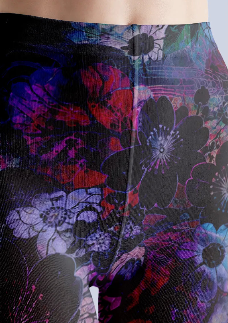 Black Purple Floral Collage Tights