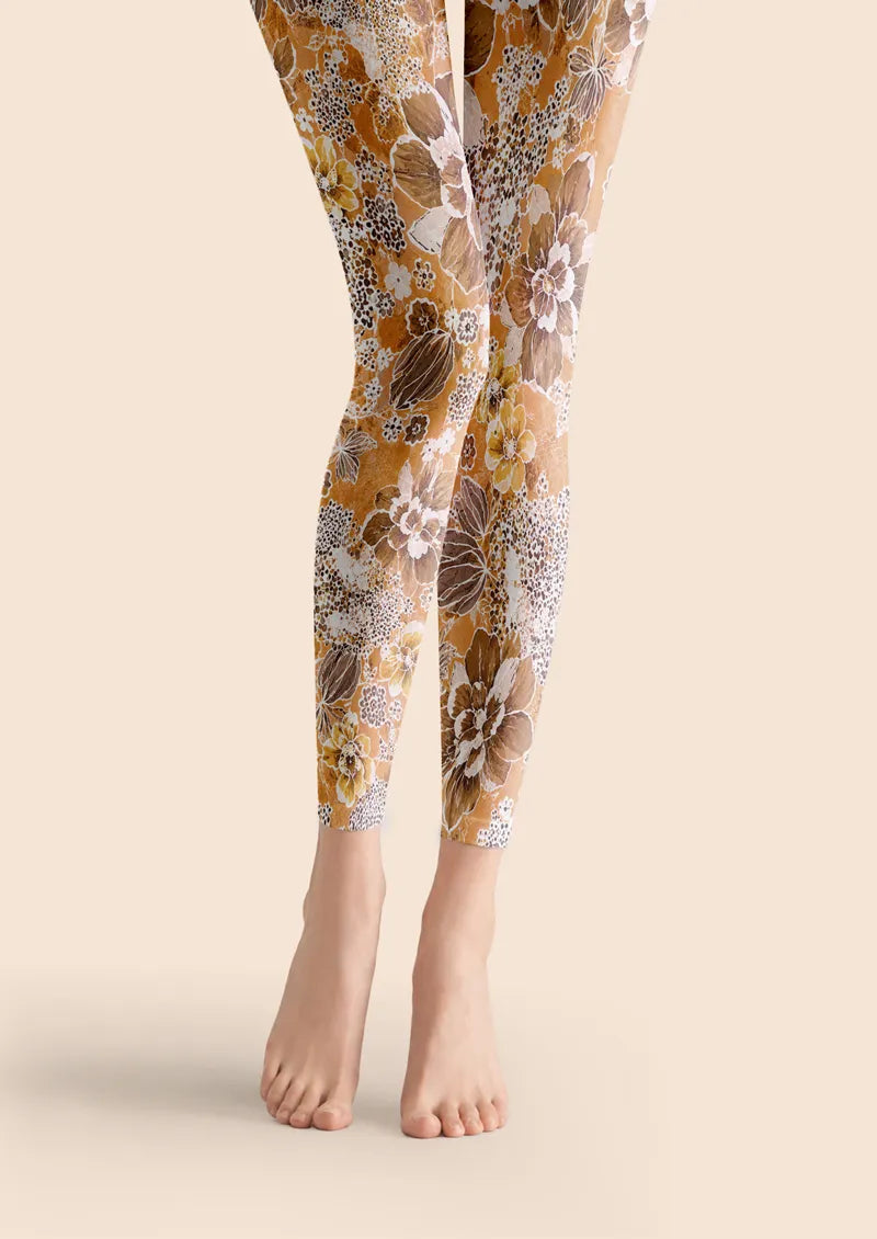 Golden Brown Floral Lace Footless Tights Hosiery Leggings