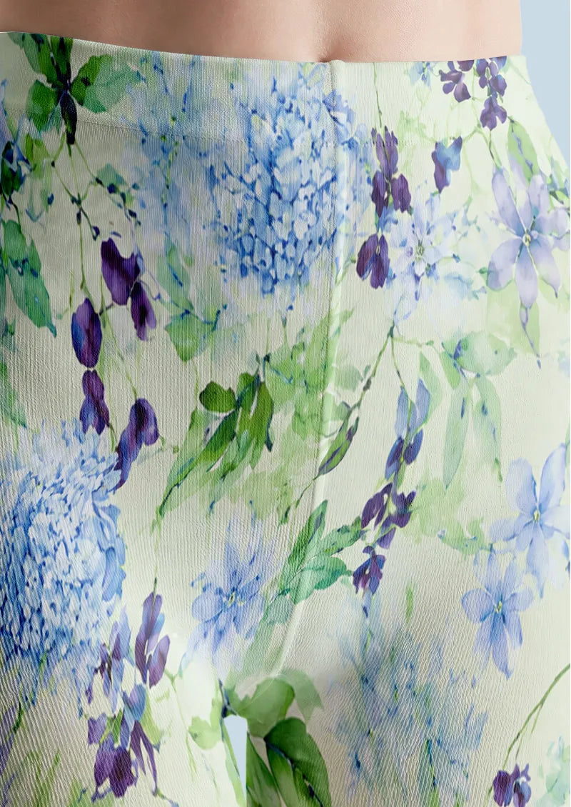 Blue Green Watercolor Floral Print Tights Hosiery Pantyhose