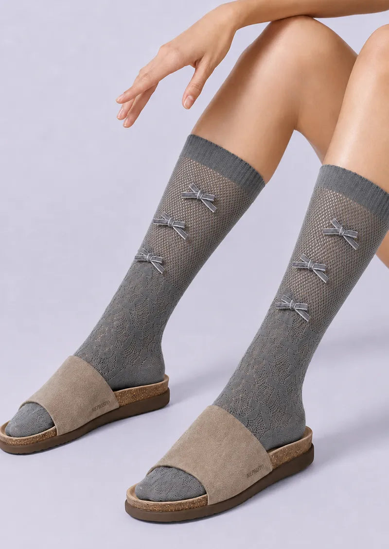 Charcoal Bow Lace Mesh Knee-High Socks