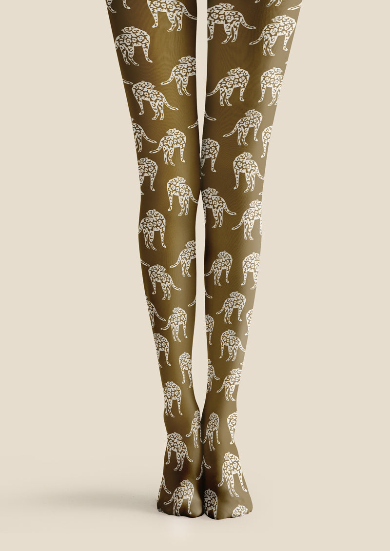 Olive Green Leopard Print Tights Hosiery Pantyhose