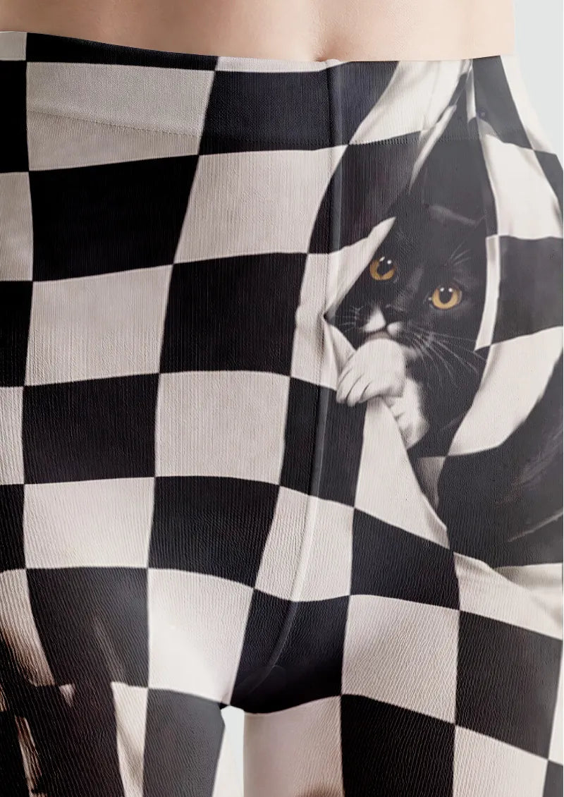 Black White Cat Checkerboard Tights