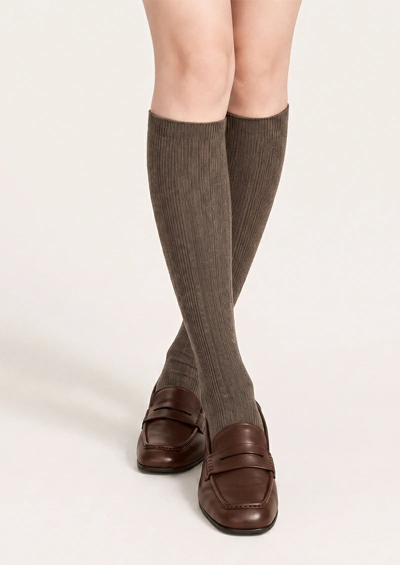 Solid Ribbed Knee-High Socks