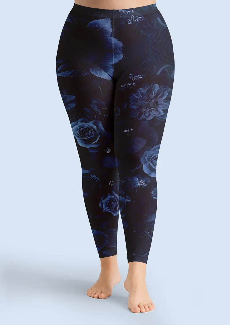 Midnight Blue Rose Floral Print Footless Tights Hosiery Leggings