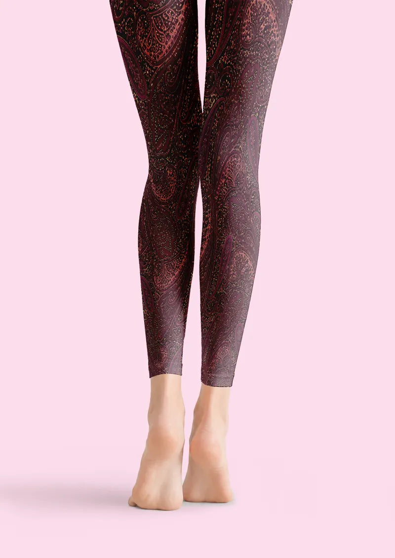 Purple Red Paisley Print Capri Tights Hosiery Pantyhose