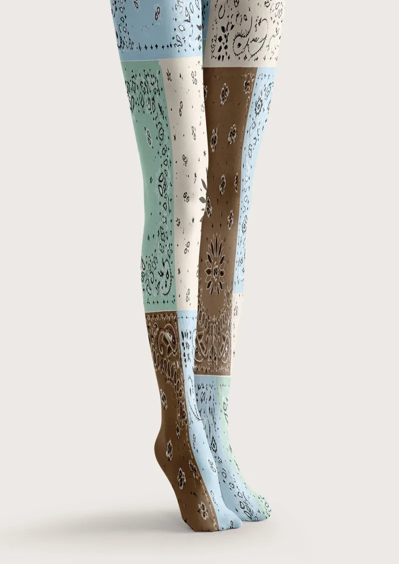 Blue Brown Patchwork Paisley Print Tights Hosiery Pantyhose