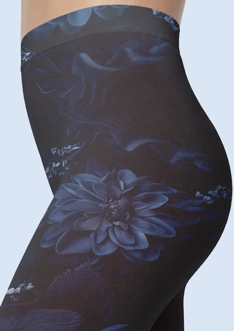 Midnight Blue Rose Floral Print Footless Tights Hosiery Leggings
