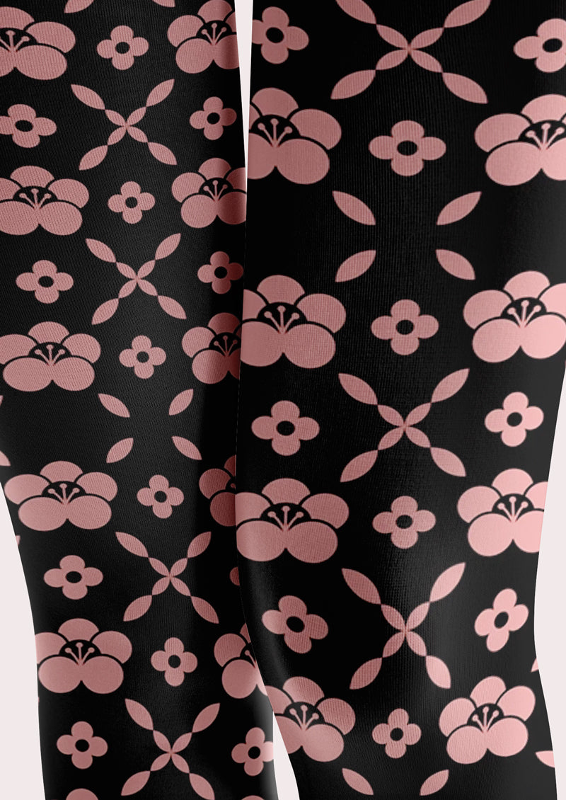 Pink Black Four-Leaf Flower Printed Tights Hosiery Pantyhose