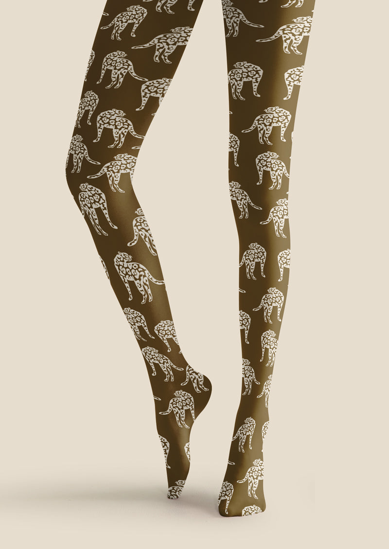 Olive Green Leopard Print Tights Hosiery Pantyhose