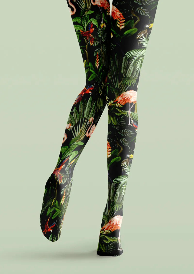 Black Tropical Rainforest Bird Tights Hosiery Pantyhose