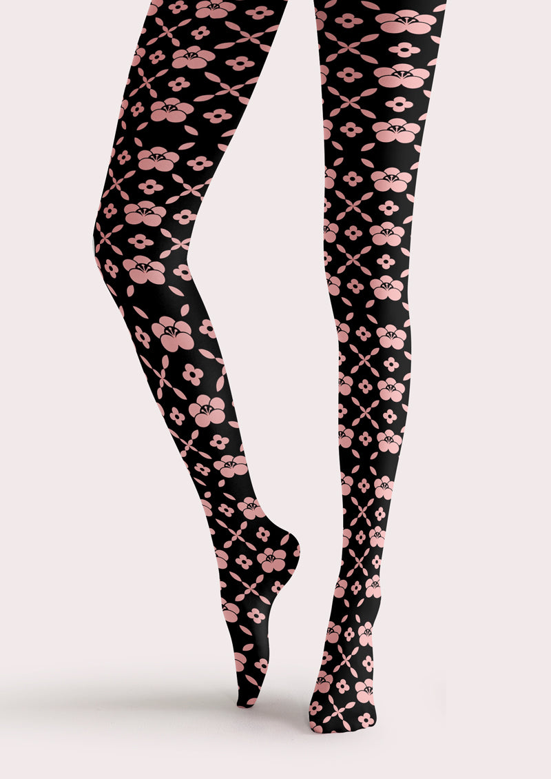 Pink Black Four-Leaf Flower Printed Tights Hosiery Pantyhose