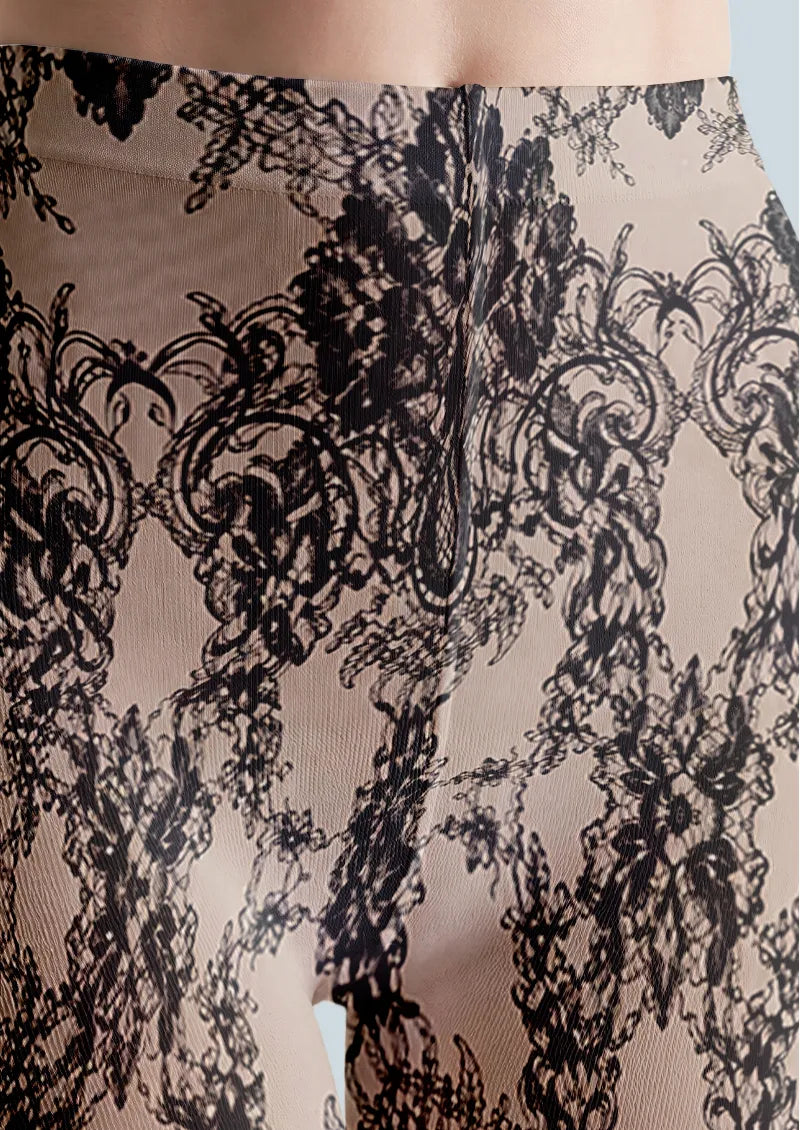 Black Ornamental Baroque Floral Print Tights Hosiery Pantyhose