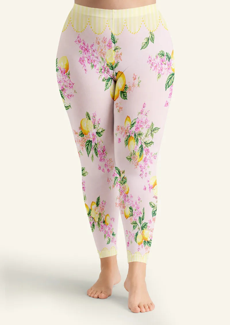 Lemon Garden Floral Print Footless Tights Hosiery Leggings