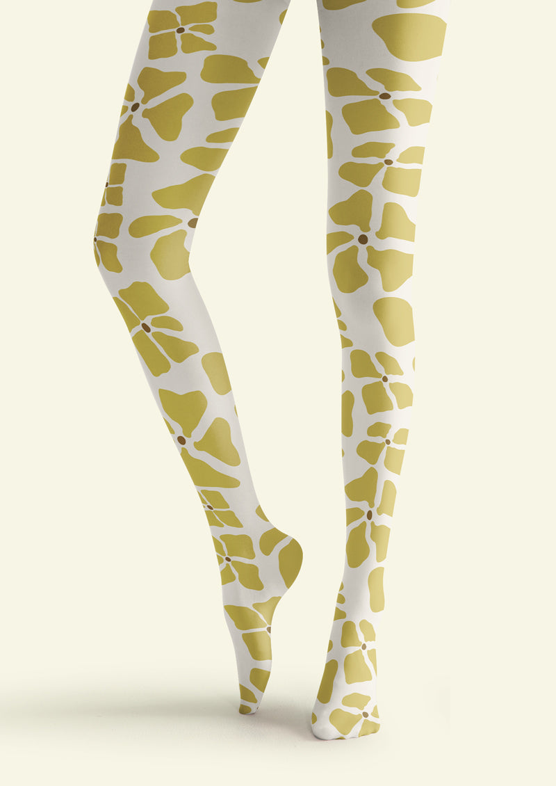 White Yellow Floral Tights Hosiery Pantyhose