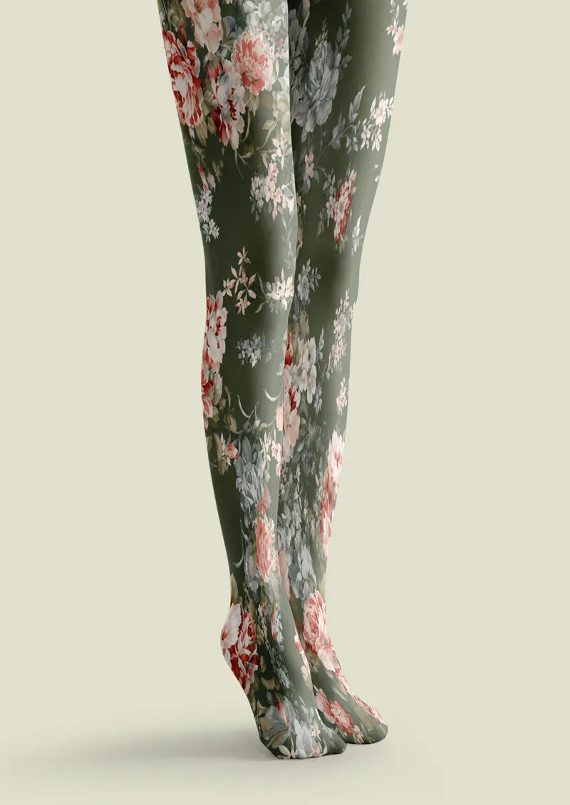 Olive Green Vintage Rose Floral Print Tights Hosiery Pantyhose