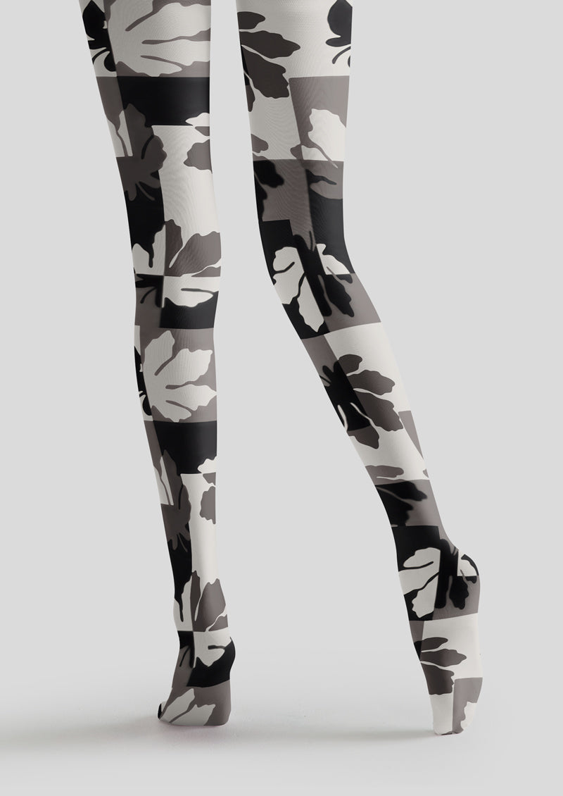 Black White Leaf Patchwork Tights Hosiery Pantyhose