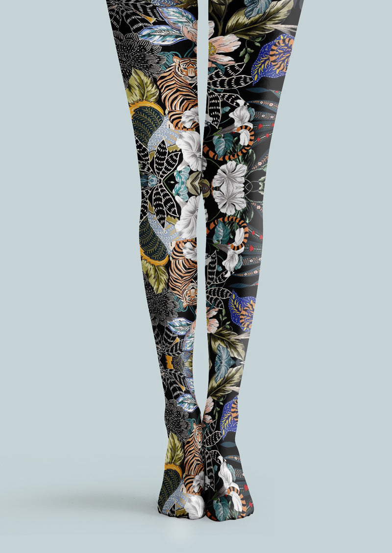 Black Floral Tiger Jungle Tights Hosiery Pantyhose