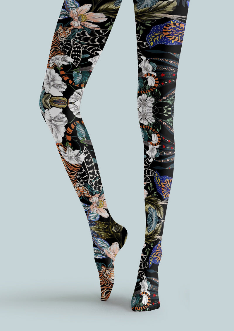 Black Floral Tiger Jungle Tights Hosiery Pantyhose