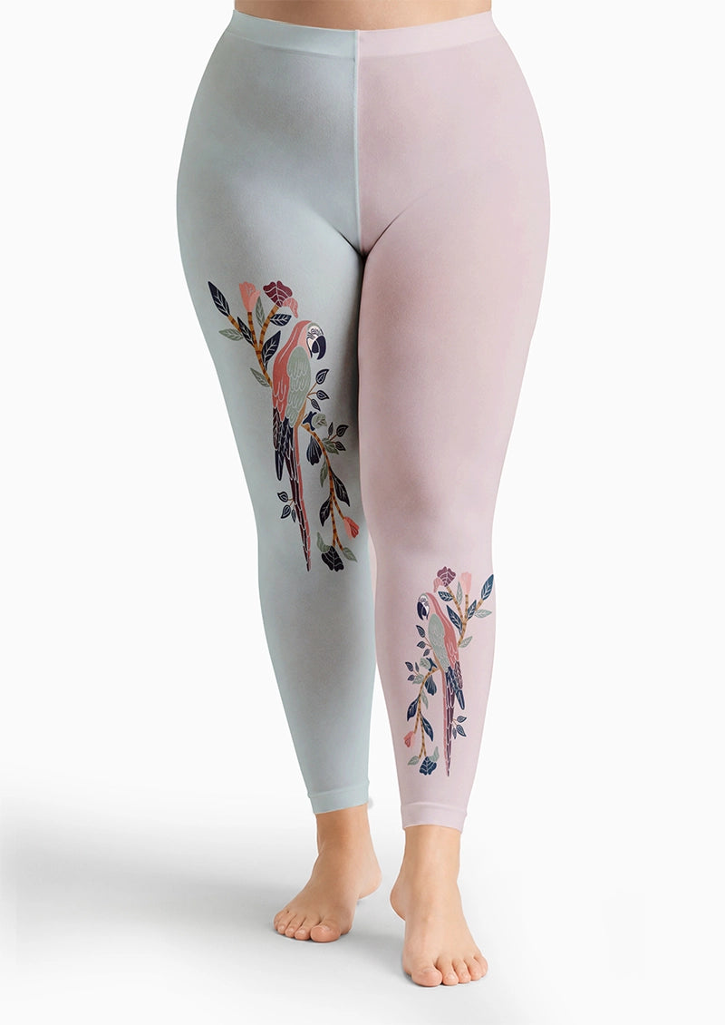 Pastel Parrot Floral Print Footless Tights Hosiery Leggings