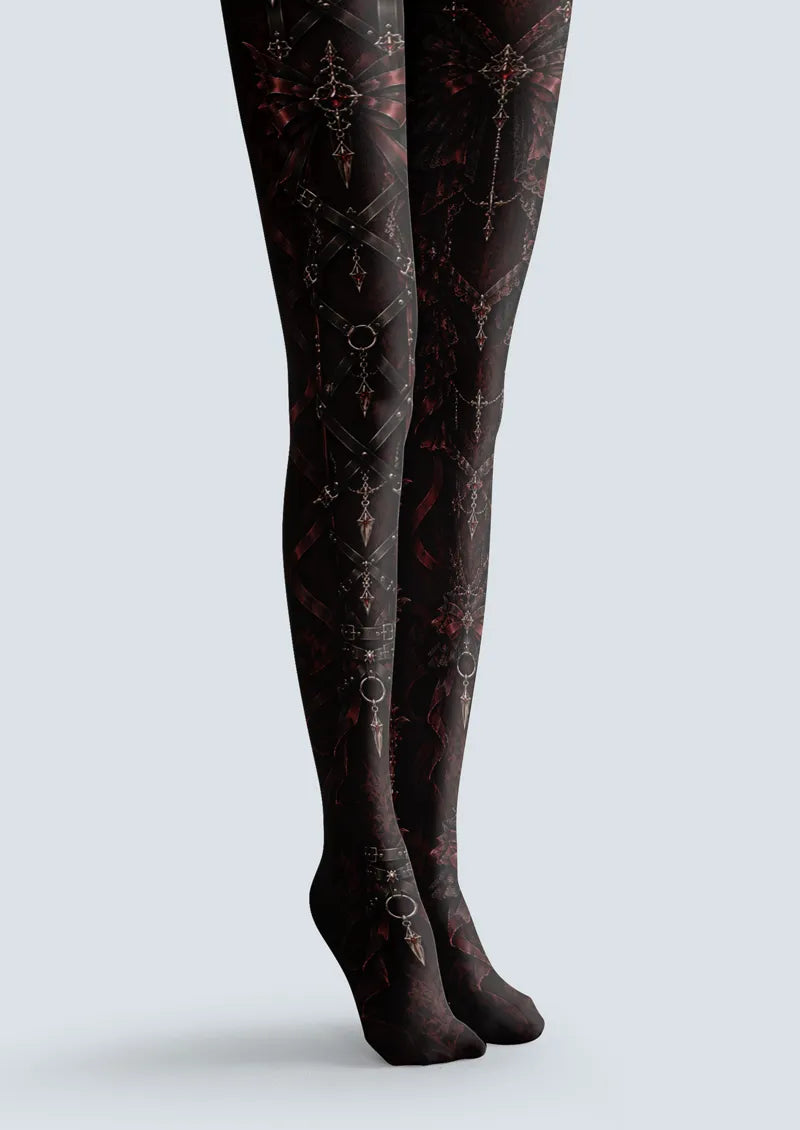 Black Burgundy Gothic Ribbon Tights