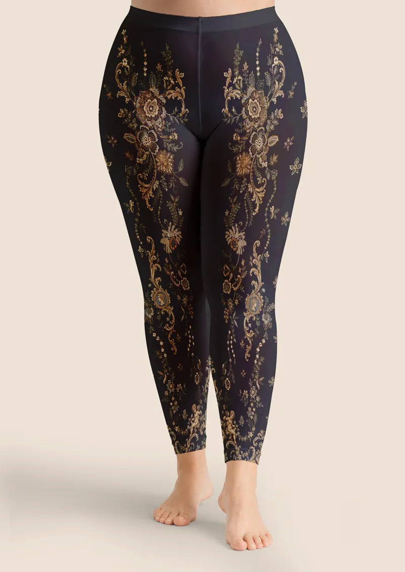 Gilded Baroque Floral Print Footless Tights Hosiery Leggings