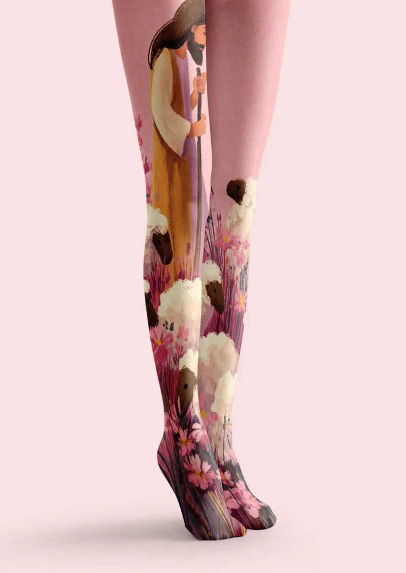 Christian Jesus and Lamb Floral Art Print Tights Hosiery Pantyhose