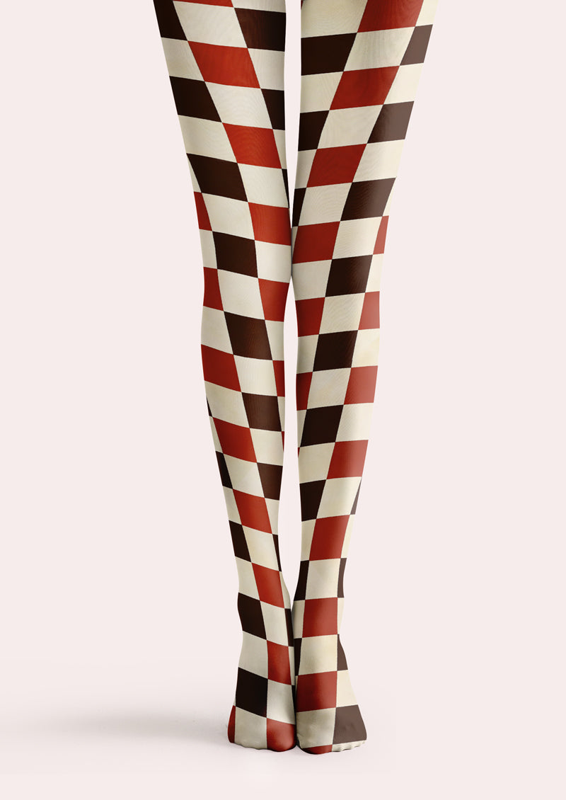 Red Brown Checkerboard Printed Tights Hosiery Pantyhose
