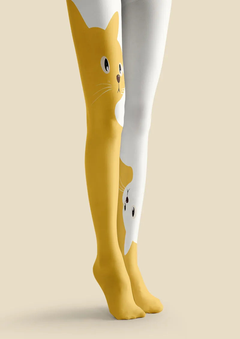 White Yellow Cat Duet Tights