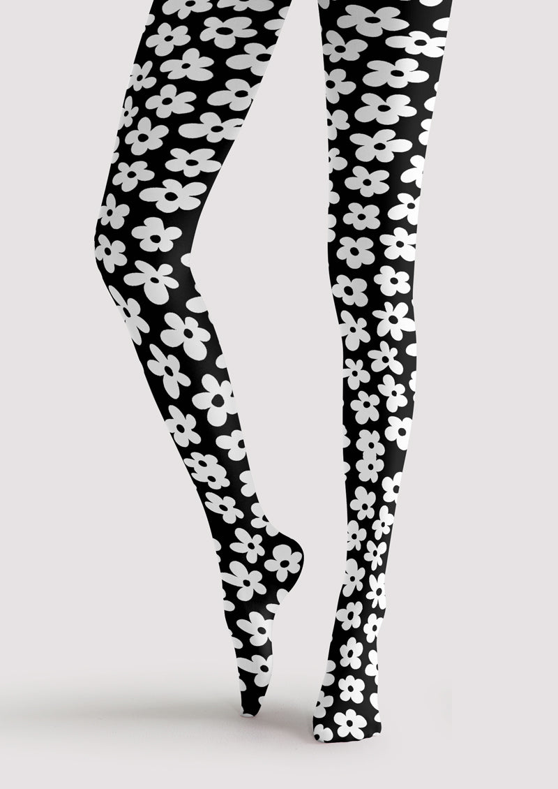 Black White Daisy Tights Hosiery Pantyhose